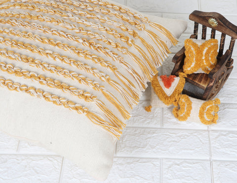 Tufted Texture Boho Ivory and Yellow Fringe Cushion Cover
