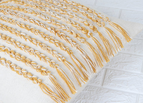 Tufted Texture Boho Ivory and Yellow Fringe Cushion Cover