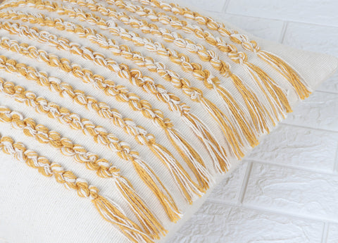 Set Of 3 Tufted Texture Boho Ivory Yellow Fringe Cushion Cover