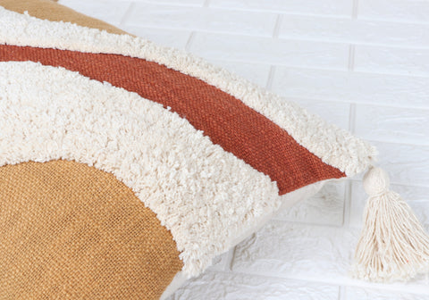 Tufted Texture with Patch Work Boho Ivory and Mustard Yellow Fringe Cushion Cover