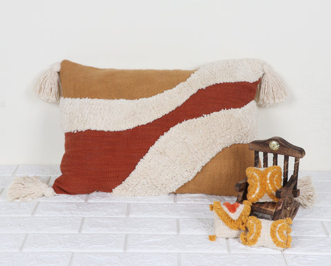 Tufted Texture with Patch Work Boho Ivory and Mustard Yellow Fringe Cushion Cover