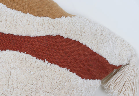 Tufted Texture with Patch Work Boho Ivory and Mustard Yellow Fringe Cushion Cover