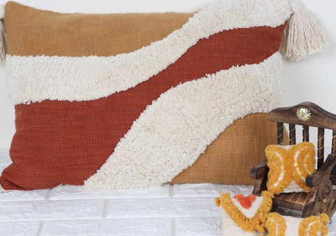 Tufted Texture with Patch Work Boho Ivory and Mustard Yellow Fringe Cushion Cover