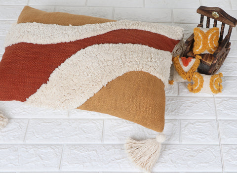 Tufted Texture with Patch Work Boho Ivory and Mustard Yellow Fringe Cushion Cover