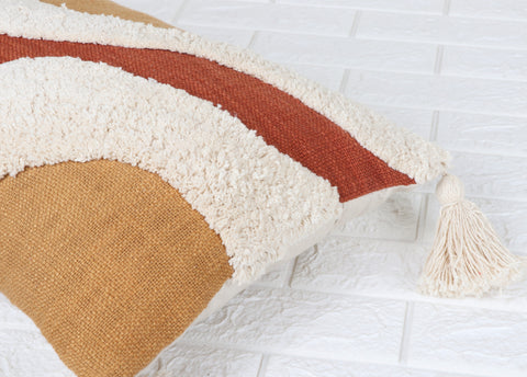 Tufted Texture with Patch Work Boho Ivory and Mustard Yellow Fringe Cushion Cover