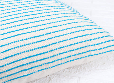 Set Of 2 Hand Loom Woven Texture Boho Turquoise White Stripe Cushion Cover