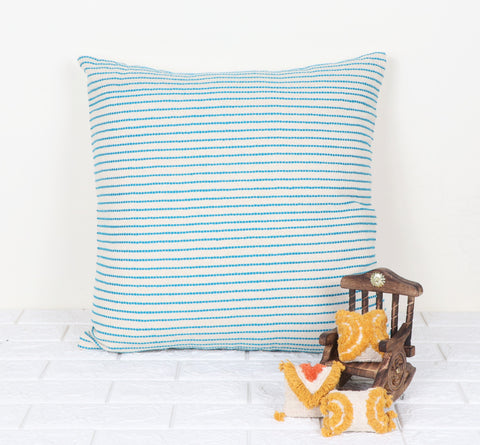 Set Of 2 Hand Loom Woven Texture Boho Turquoise White Stripe Cushion Cover