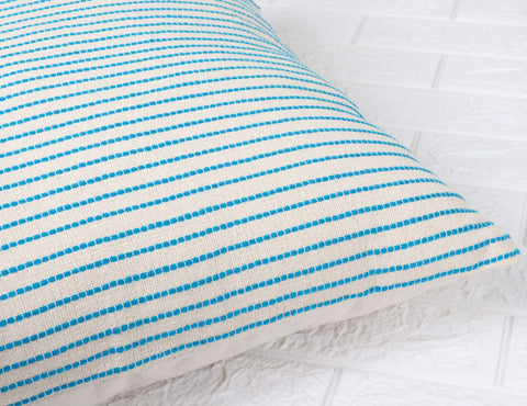 Set Of 2 Hand Loom Woven Texture Boho Turquoise White Stripe Cushion Cover