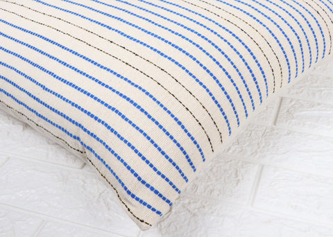 Set Of 2 Hand Loom Woven Texture Boho Ivory Blue Stripe Cushion Cover