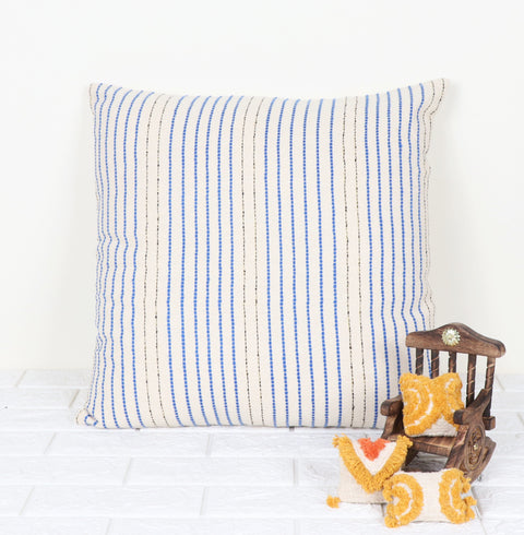 Set Of 2 Hand Loom Woven Texture Boho Ivory Blue Stripe Cushion Cover