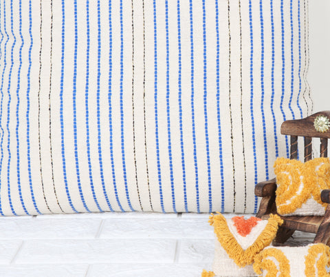 Set Of 2 Hand Loom Woven Texture Boho Ivory Blue Stripe Cushion Cover