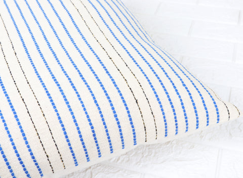 Set Of 2 Hand Loom Woven Texture Boho Ivory Blue Stripe Cushion Cover
