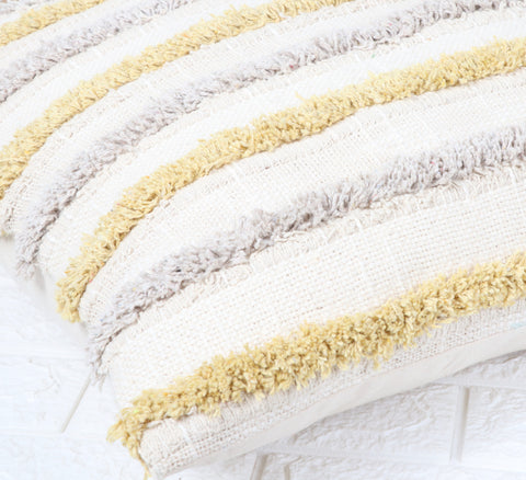 Tufted Texture Boho Ivory and Yellow Stripe Fringe Cushion Cover