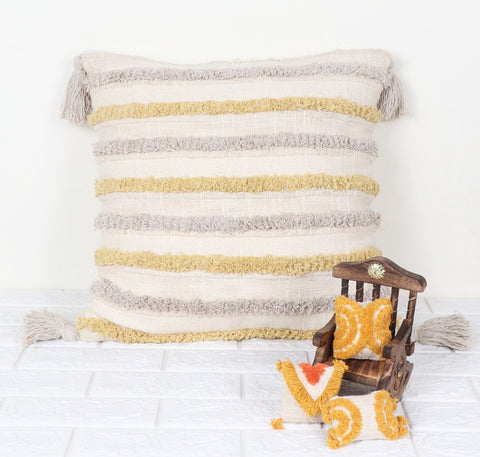 Set Of 2 Tufted Texture Boho Ivory Yellow Stripe Fringe Cushion Cover