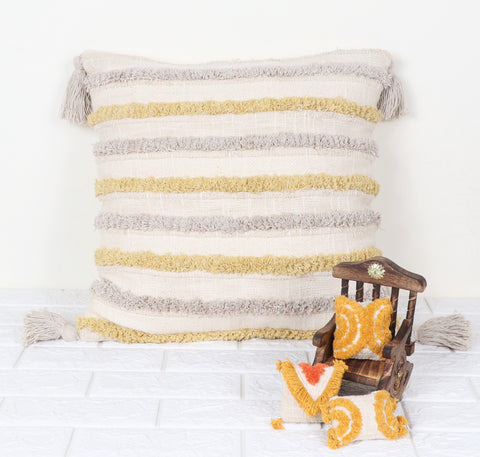 Tufted Texture Boho Ivory and Yellow Stripe Fringe Cushion Cover