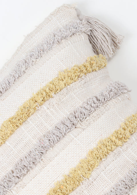 Tufted Texture Boho Ivory and Yellow Stripe Fringe Cushion Cover