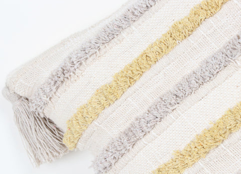 Set Of 3 Tufted Texture Boho Ivory Yellow Stripe Fringe Cushion Cover