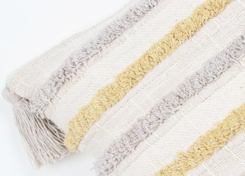 Tufted Texture Boho Ivory and Yellow Stripe Fringe Cushion Cover