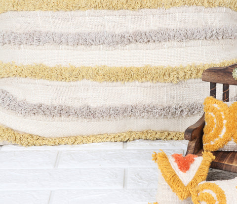 Tufted Texture Boho Ivory and Yellow Stripe Fringe Cushion Cover
