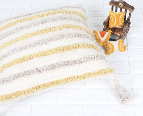 Tufted Texture Boho Ivory and Yellow Stripe Fringe Cushion Cover