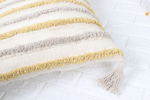 Set Of 2 Tufted Texture Boho Ivory Yellow Stripe Fringe Cushion Cover