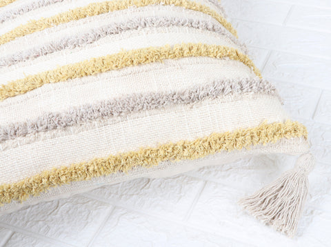 Tufted Texture Boho Ivory and Yellow Stripe Fringe Cushion Cover