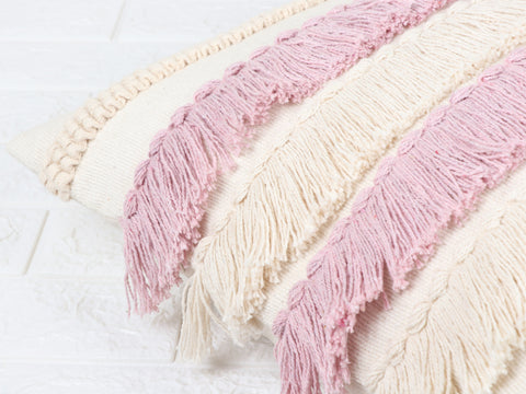 Set Of 3 Hand Tufted Texture Boho Ivory Pink Fringe Cushion Cover