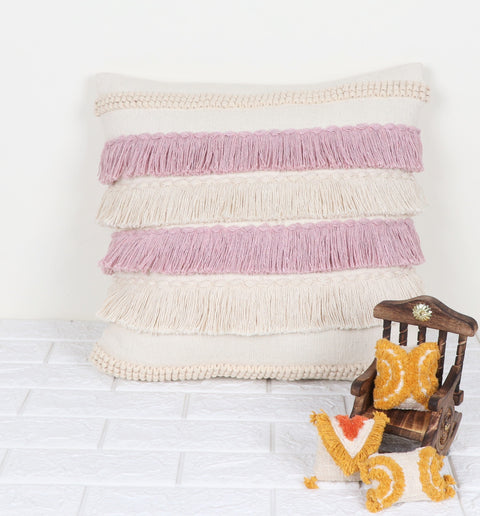 Set Of 3 Hand Tufted Texture Boho Ivory Pink Fringe Cushion Cover