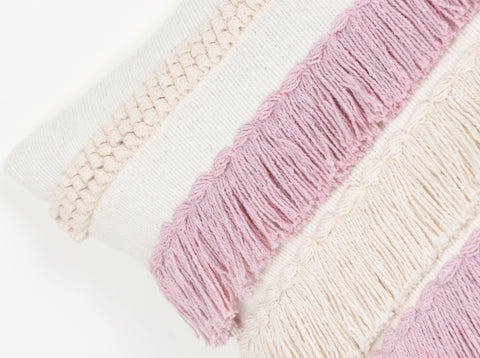 Set Of 3 Hand Tufted Texture Boho Ivory Pink Fringe Cushion Cover