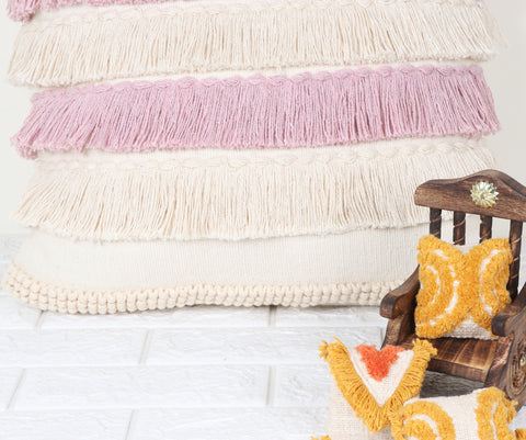 Set Of 3 Hand Tufted Texture Boho Ivory Pink Fringe Cushion Cover