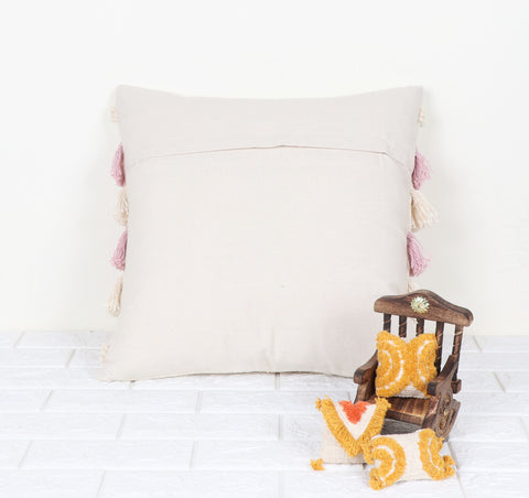 Hand Tufted Texture Boho Ivory and Pink Fringe Cushion Cover