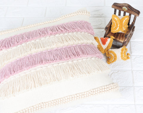 Set Of 2 Hand Tufted Texture Boho Ivory Pink Fringe Cushion Cover