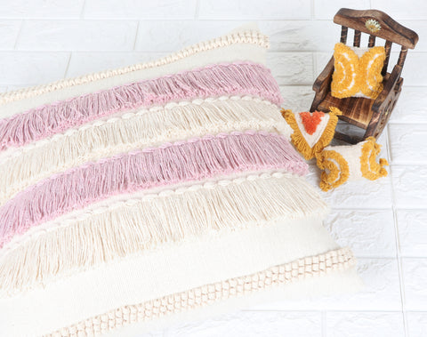 Hand Tufted Texture Boho Ivory and Pink Fringe Cushion Cover