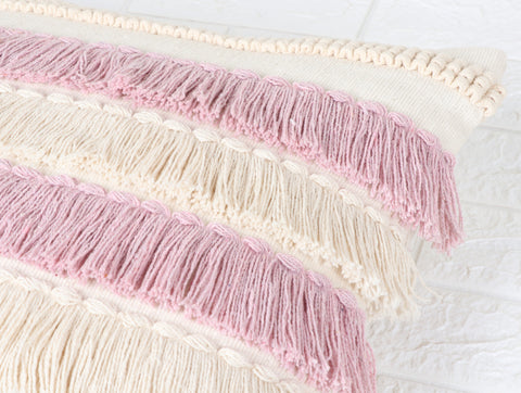Set Of 3 Hand Tufted Texture Boho Ivory Pink Fringe Cushion Cover