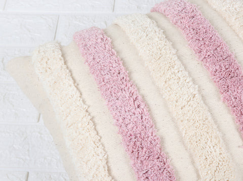 Hand Tufted Texture Boho Ivory and Pink Fringe Cushion Cover