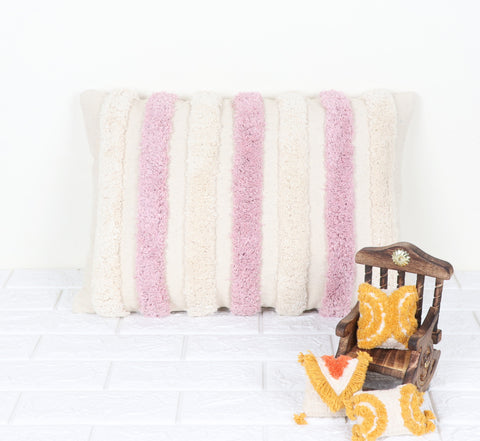 Hand Tufted Texture Boho Ivory and Pink Fringe Cushion Cover