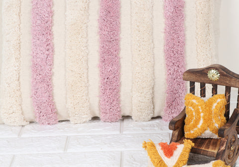 Hand Tufted Texture Boho Ivory and Pink Fringe Cushion Cover