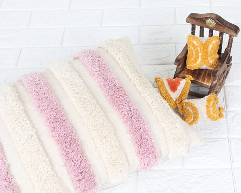 Hand Tufted Texture Boho Ivory and Pink Fringe Cushion Cover