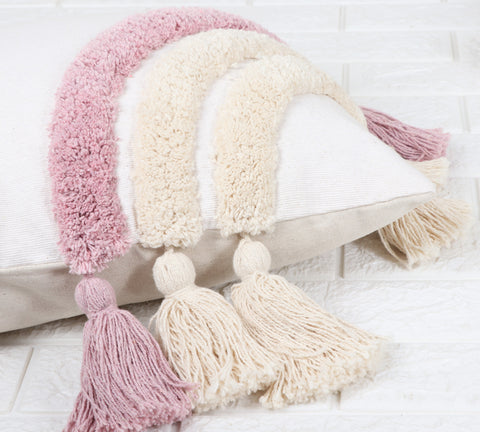Tufted Texture Boho White and Pink Fringe Cushion Cover