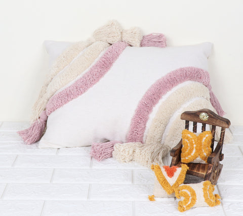 Tufted Texture Boho White and Pink Fringe Cushion Cover