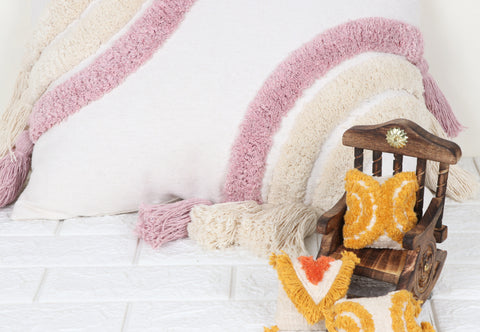 Tufted Texture Boho White and Pink Fringe Cushion Cover