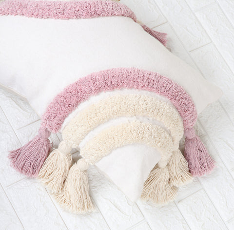 Tufted Texture Boho White and Pink Fringe Cushion Cover