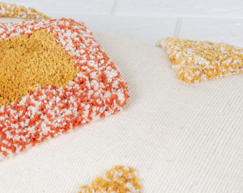 Hand Tufted Texture Boho Ivory and Mustard Yellow Fringe Cushion Cover