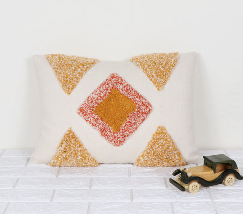 Hand Tufted Texture Boho Ivory and Mustard Yellow Fringe Cushion Cover