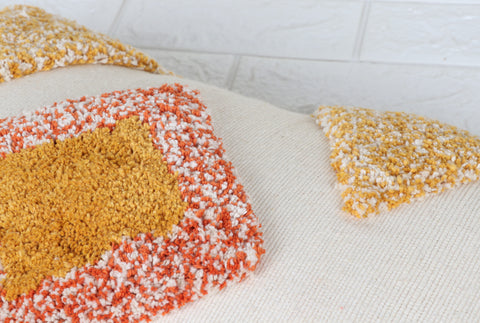 Hand Tufted Texture Boho Ivory and Mustard Yellow Fringe Cushion Cover