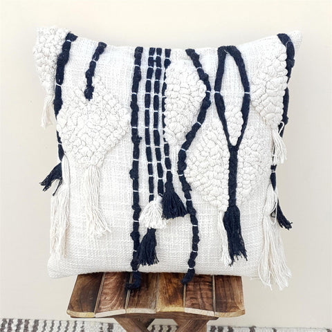 Tufted & Loop Texture Modern Black & White Tasseled Pillow