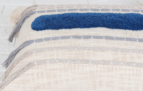 Tufted Texture Boho Ivory and Blue Tassel Cushion Cover