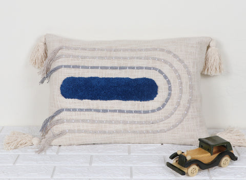 Tufted Texture Boho Ivory and Blue Tassel Cushion Cover