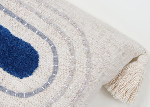 Tufted Texture Boho Ivory and Blue Tassel Cushion Cover