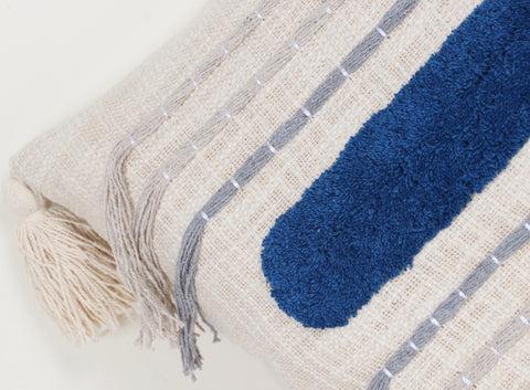 Tufted Texture Boho Ivory and Blue Tassel Cushion Cover